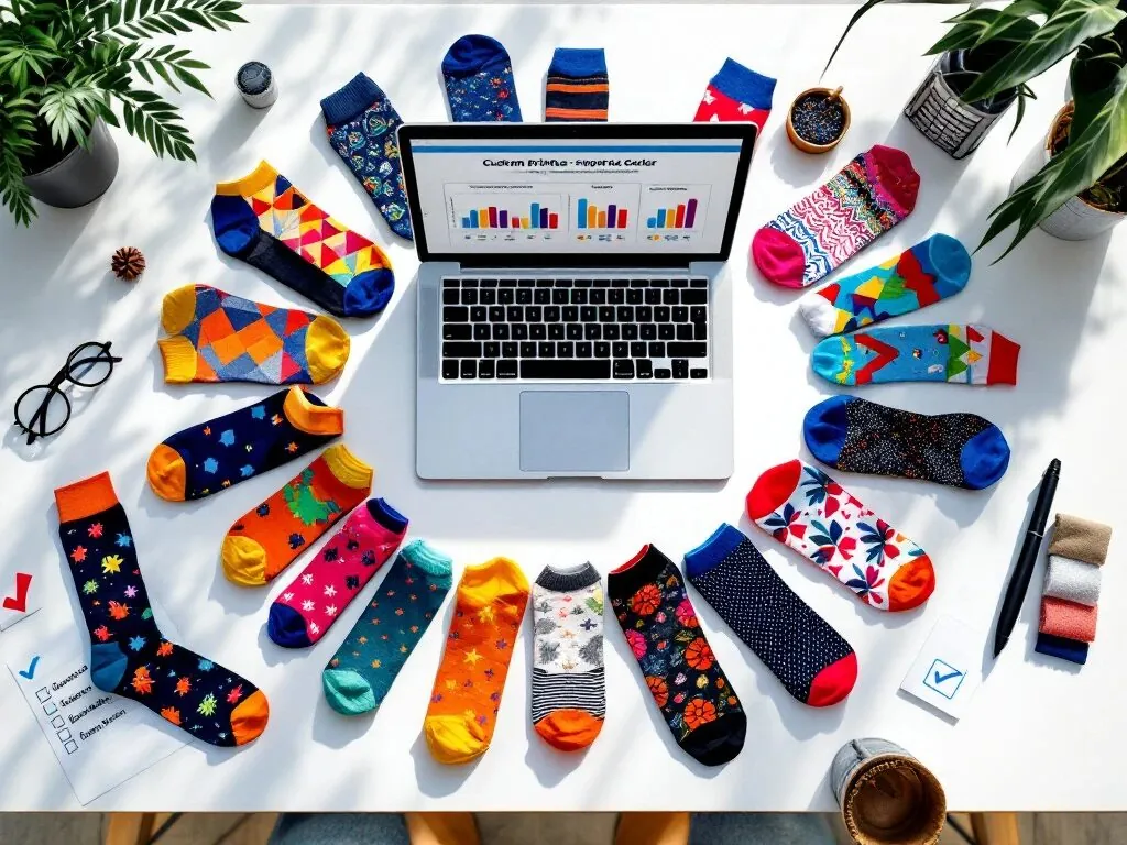 Kleurrijke bedrukte sokken in halve cirkel gerangschikt op bureau met laptop met leveranciersgegevens en zakelijke tools