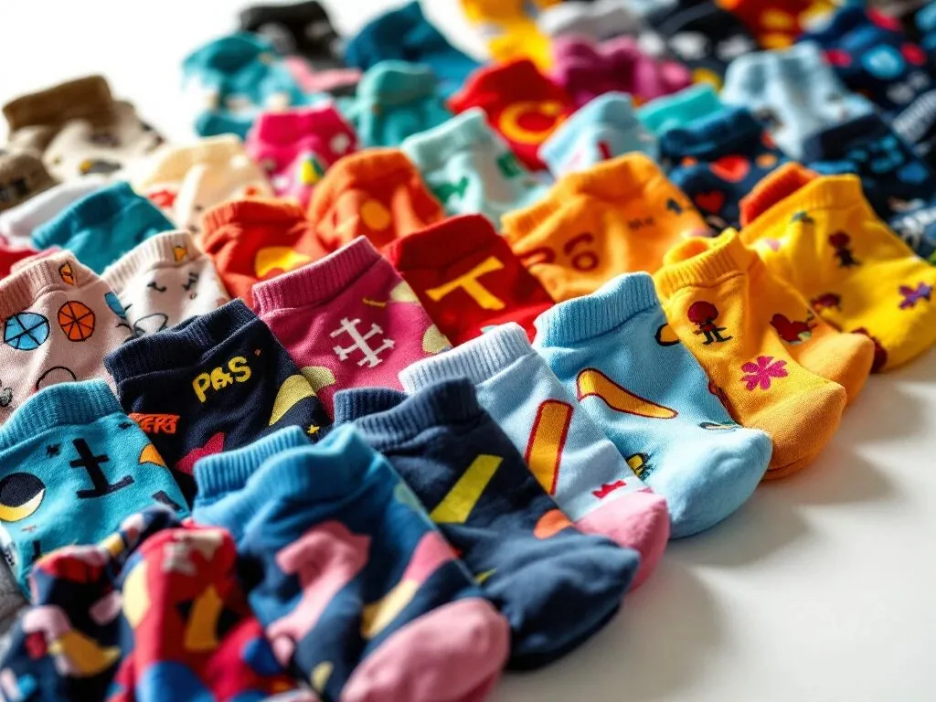 Kleurrijke bedrukte sokken met levendige patronen en logo's uitgespreid op witte ondergrond in studioverlichting