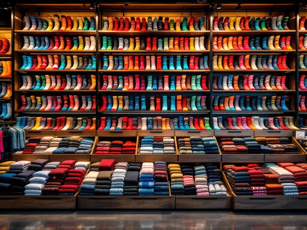 Kleurrijke sokken op houten en metalen displayrekken in professionele retailpresentatie met warme verlichting