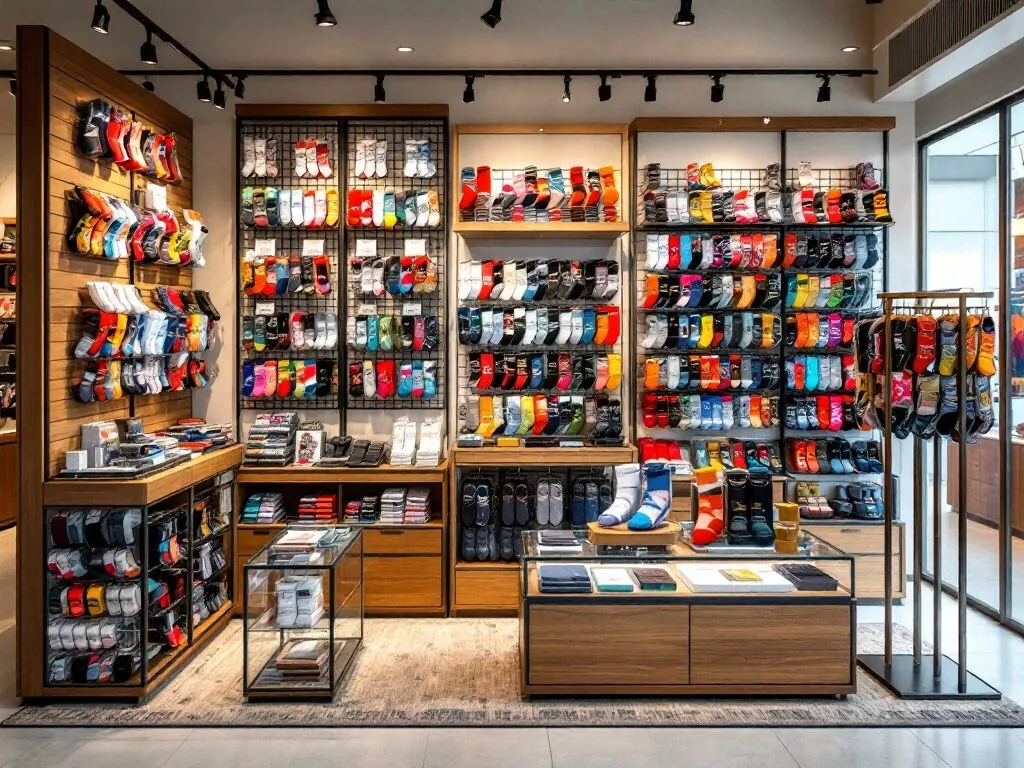 Retail display van kleurrijke bedrukte sokken op houten en metalen standaards in moderne winkel met professionele verlichting