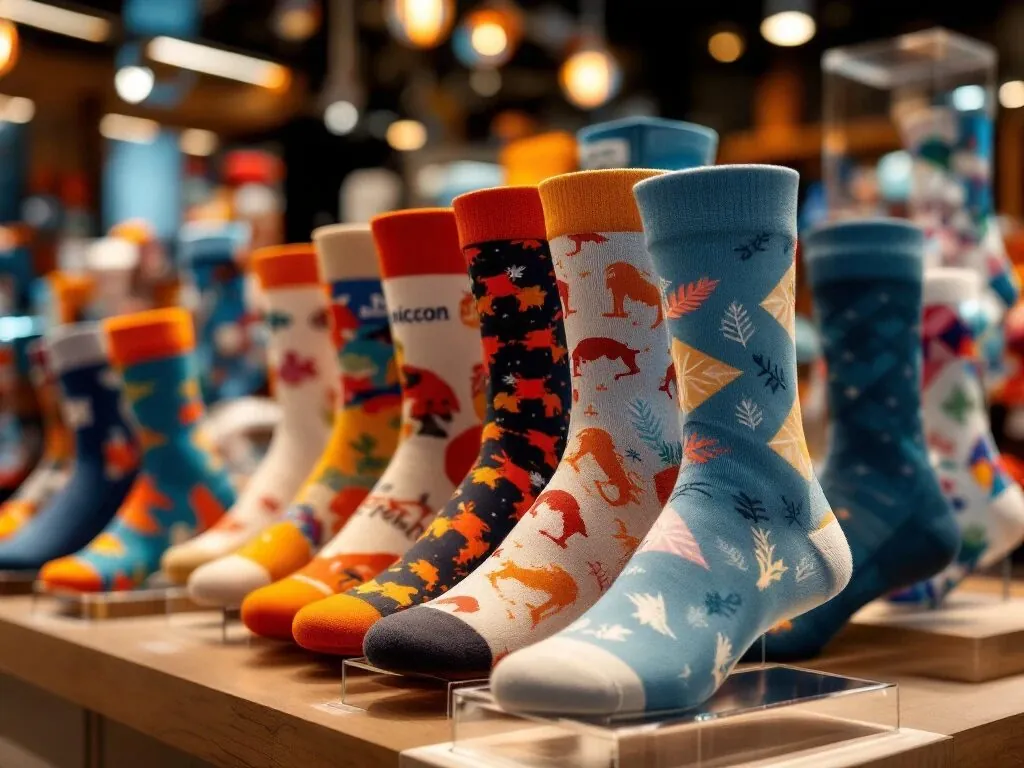 Kleurrijke bedrukte sokken in moderne retail display met houten standaards en prijskaartjes in groothandel showroom