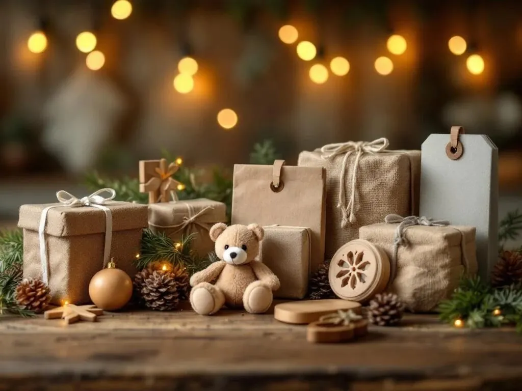 Zeven milieuvriendelijke kerstcadeaus op houten tafel met kerstverlichting en dennentakjes voor duurzame feestdagen