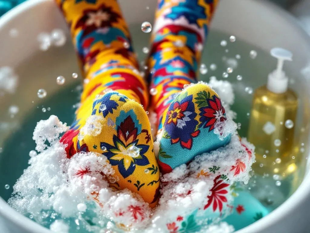 Kleurrijke bedrukte sokken worden voorzichtig met de hand gewassen in helder water met zeepbellen en stoom
