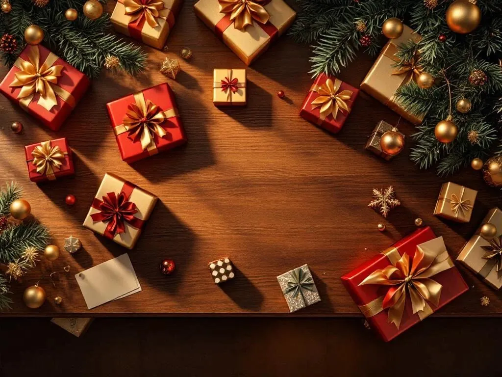 Luxe kerstcadeaus in rood en goud op houten toonbank met decoratieve kaarten en seizoensartikelen in warme verlichting