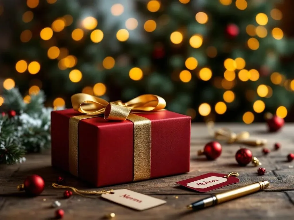 Elegant kerstcadeau in rood papier met gouden lint op houten tafel, kerstboom met verlichting op achtergrond