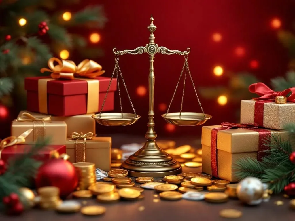 Vintage messing weegschaal met luxe rode kerstcadeaus, eurobiljetten en gouden munten op donkere achtergrond