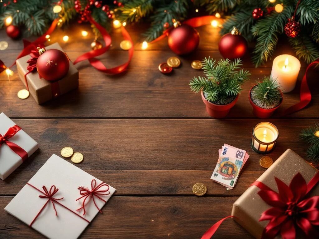 Vijf betaalbare kerstcadeaus op houten tafel met munten en bankbiljetten, inclusief kerstkaarten en kaarsen