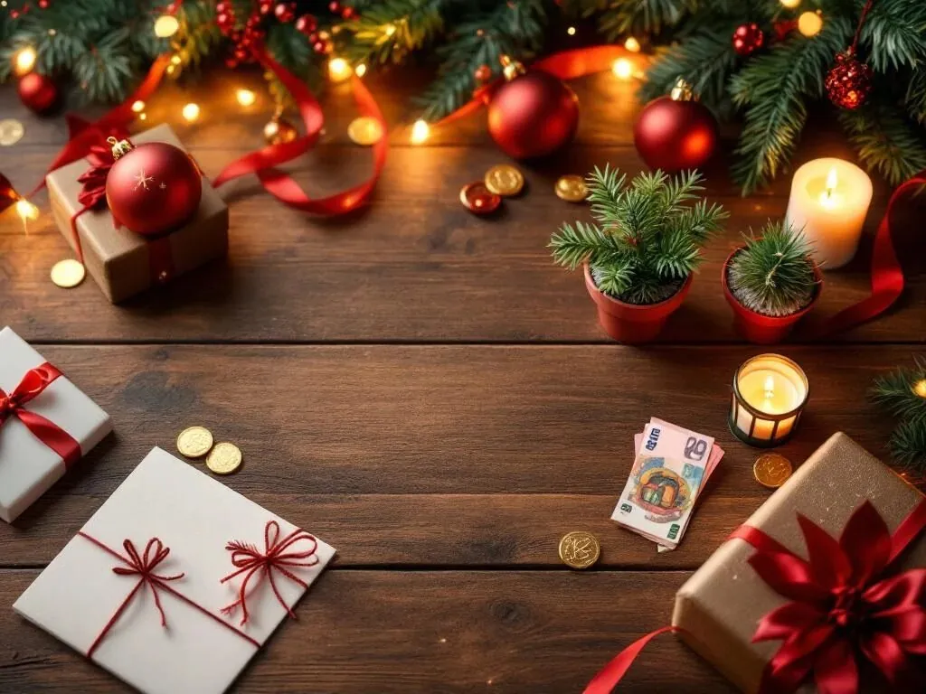 Vijf betaalbare kerstcadeaus op houten tafel met munten en bankbiljetten, inclusief kerstkaarten en kaarsen