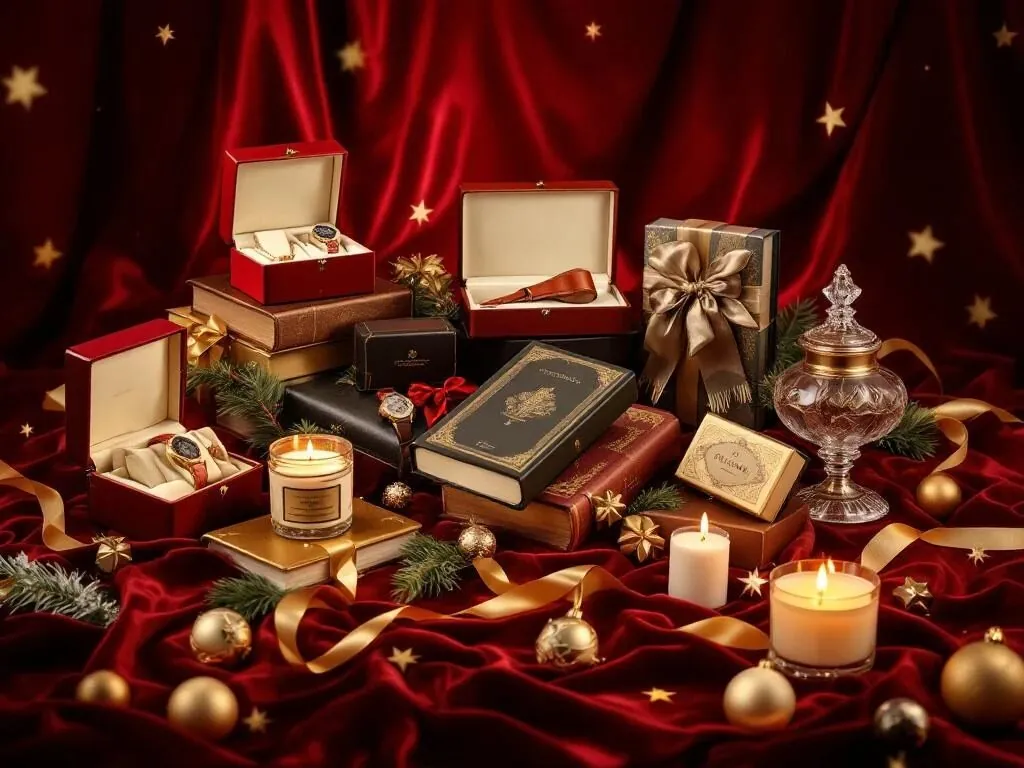 Acht luxe kerstcadeaus op bordeauxrood fluweel met gouden verlichting, inclusief sieraden, leren goederen en kaarsen