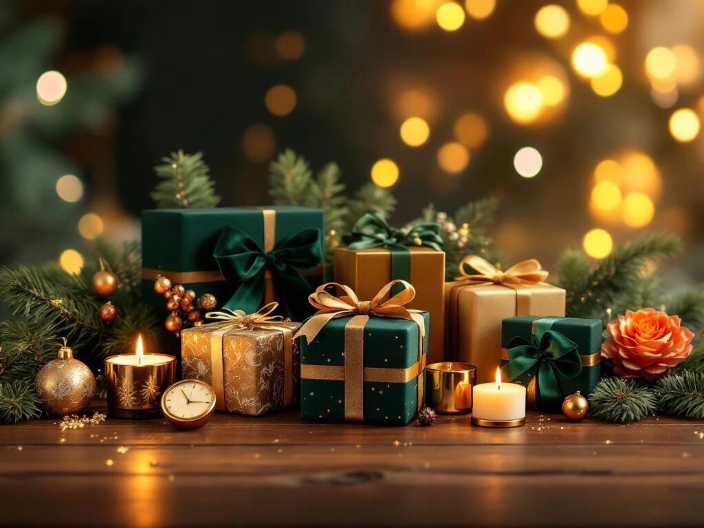 Zeven luxe kerstcadeaus in groen en goud op mahoniehout met warme verlichting en pijnboomtakken