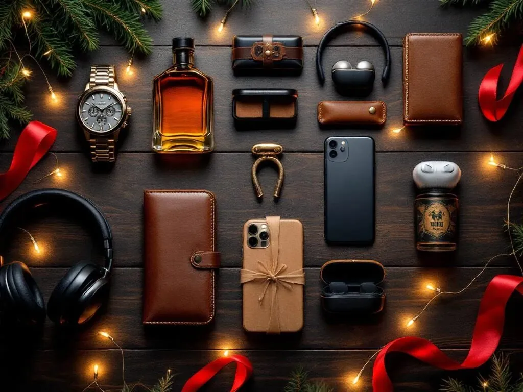 Acht luxe kerstcadeaus voor mannen op donker hout met warme kerstverlichting en feestelijke decoratie