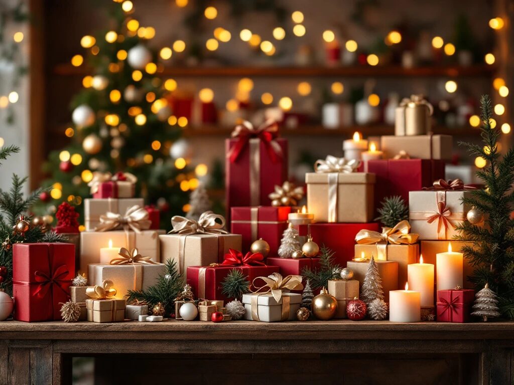 Tien betaalbare kerstcadeaus onder €25 op houten planken met warme verlichting en kerstdecoratie