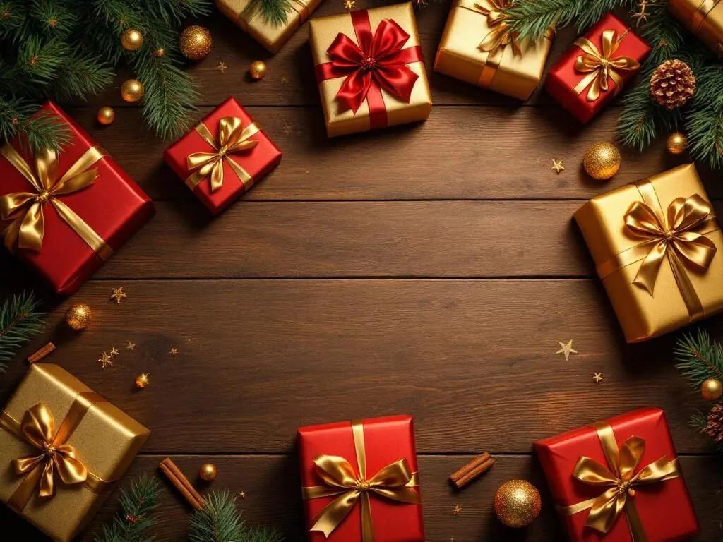 Tien betaalbare kerstcadeaus onder €10 in rood, goud en groen cadeaupapier op houten tafel met dennentakjes