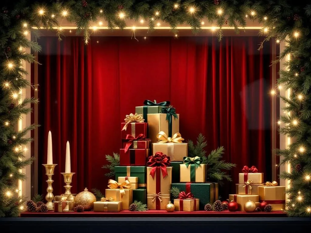 Luxe kerst etalage met ingepakte cadeaus in bordeaux, goud en groen met satijnen linten en kerstverlichting