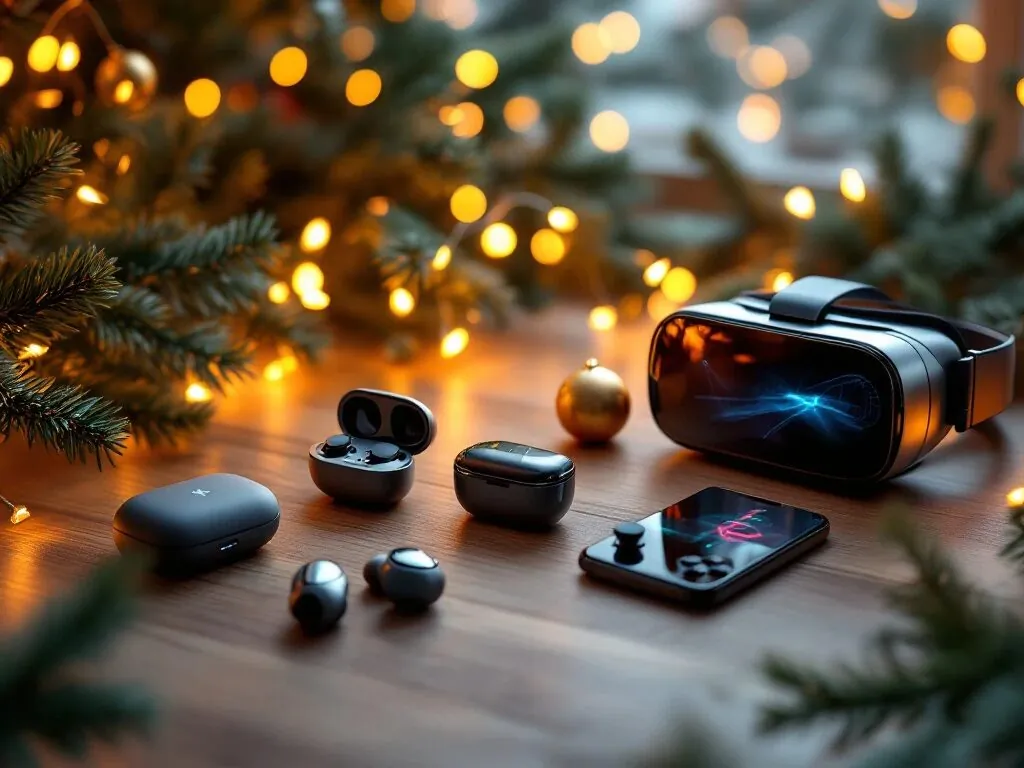 Vijf moderne tech-gadgets inclusief smartwatch, VR-headset en smartphone gerangschikt tussen kerstversiering op houten tafel