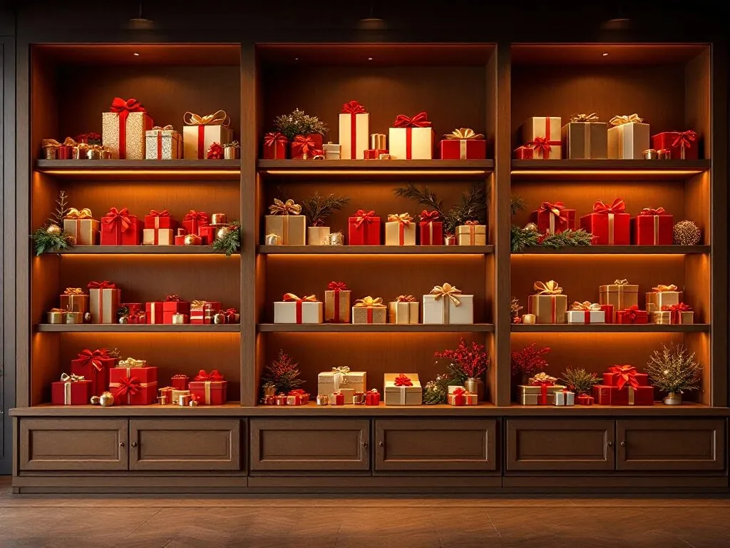 Luxe kerst winkeluitstalling met rood-gouden cadeaus op houten planken met warme verlichting en feestelijke decoratie