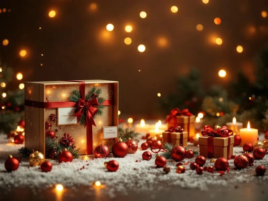 Luxe kerst cadeauset in presentatiebox naast losse kerstversieringen, warm verlicht met rood-groene kerstkleuren