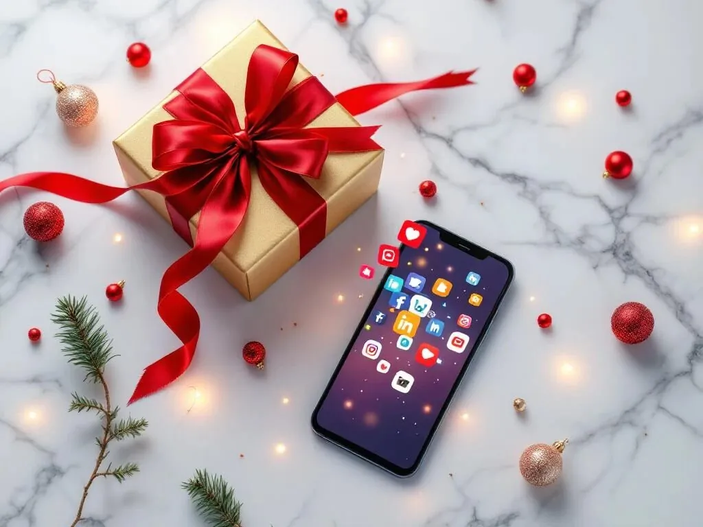 Kerstcadeau met rode strik naast smartphone met social media iconen, omringd door kerstversiering op marmeren ondergrond