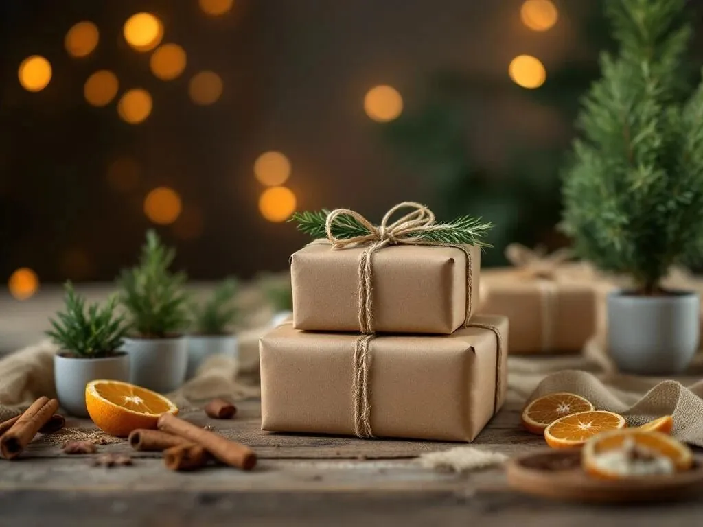 Eco-vriendelijke kerstcadeaus in kraftpapier met natuurlijke decoratie op houten ondergrond