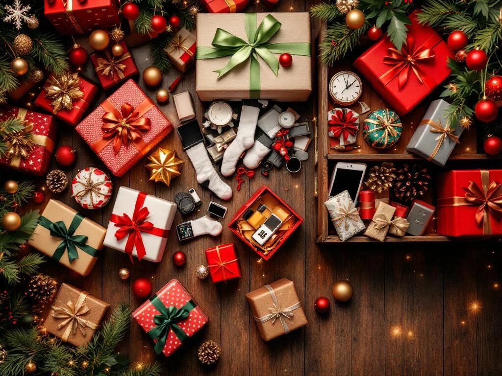 Kerstcadeaus overhead: opengevouwen pakjes met teleurstellende items tegenover georganiseerde luxe geschenkdozen op houten rekken