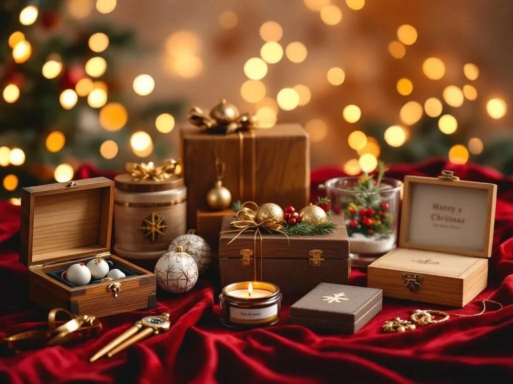 Zeven luxe kerstcadeaus op bordeauxrood fluweel met gouden verlichting, waaronder sieradendoos en kaarsen