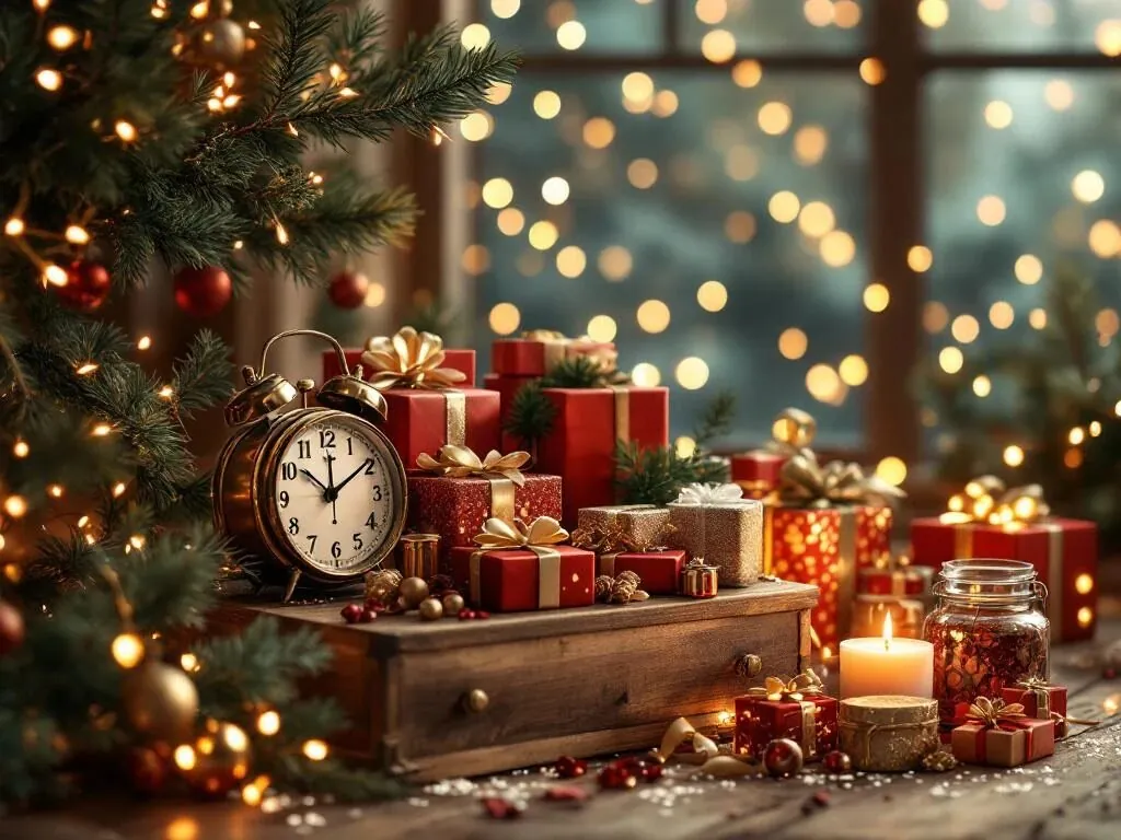 Elegante houten kerstcadeaus display met rode, gouden en groene verpakkingen, lichtjes en vintage klok bij middernacht