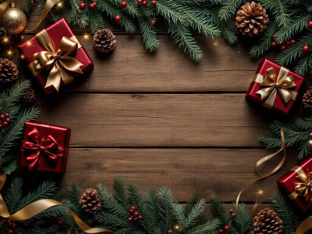 Luxe kerstcadeaus in bordeaux, groen en goud op houten tafel met dennentakjes en kerstversiering