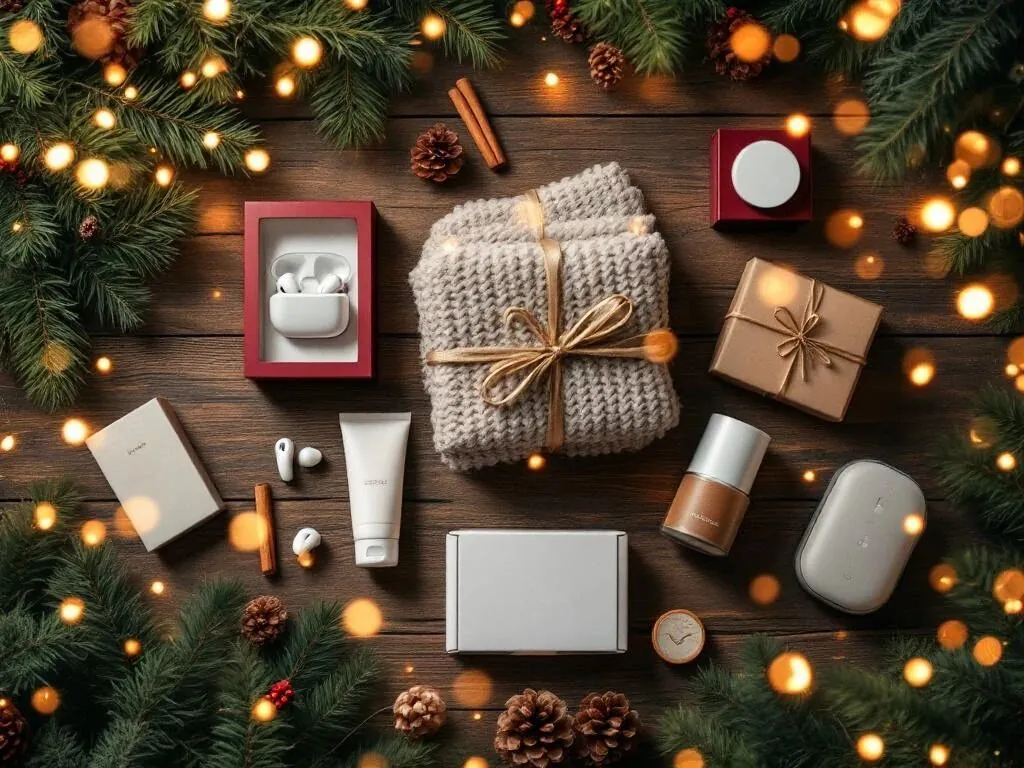 Zes trending kerstcadeaus op rustiek hout met dennentakjes en warme verlichting in feestelijke kleuren