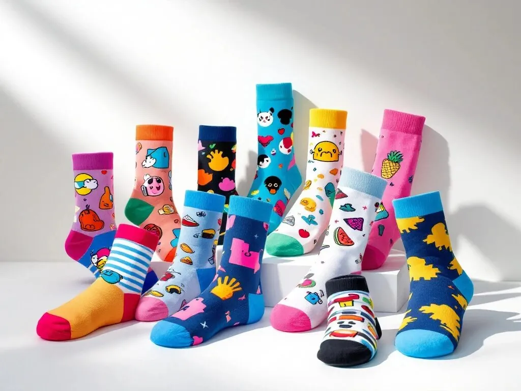 Kleurrijke bedrukte sokken met geometrische patronen, cartoon dieren en voedsel motieven op witte ondergrond
