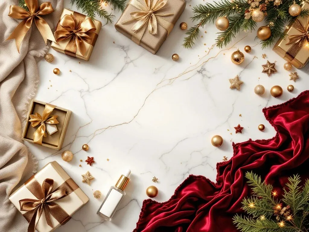 Luxe kerstcadeaus voor vrouwen op wit marmer: juwelendozen, zijden sjaals, parfum en chocolade in gouden tinten