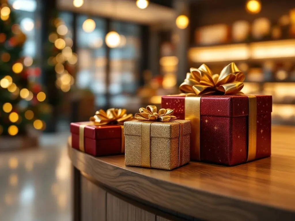 Luxe kerstcadeaus met gouden linten op houten toonbank in warme winkelverlichting met merchandise op achtergrond