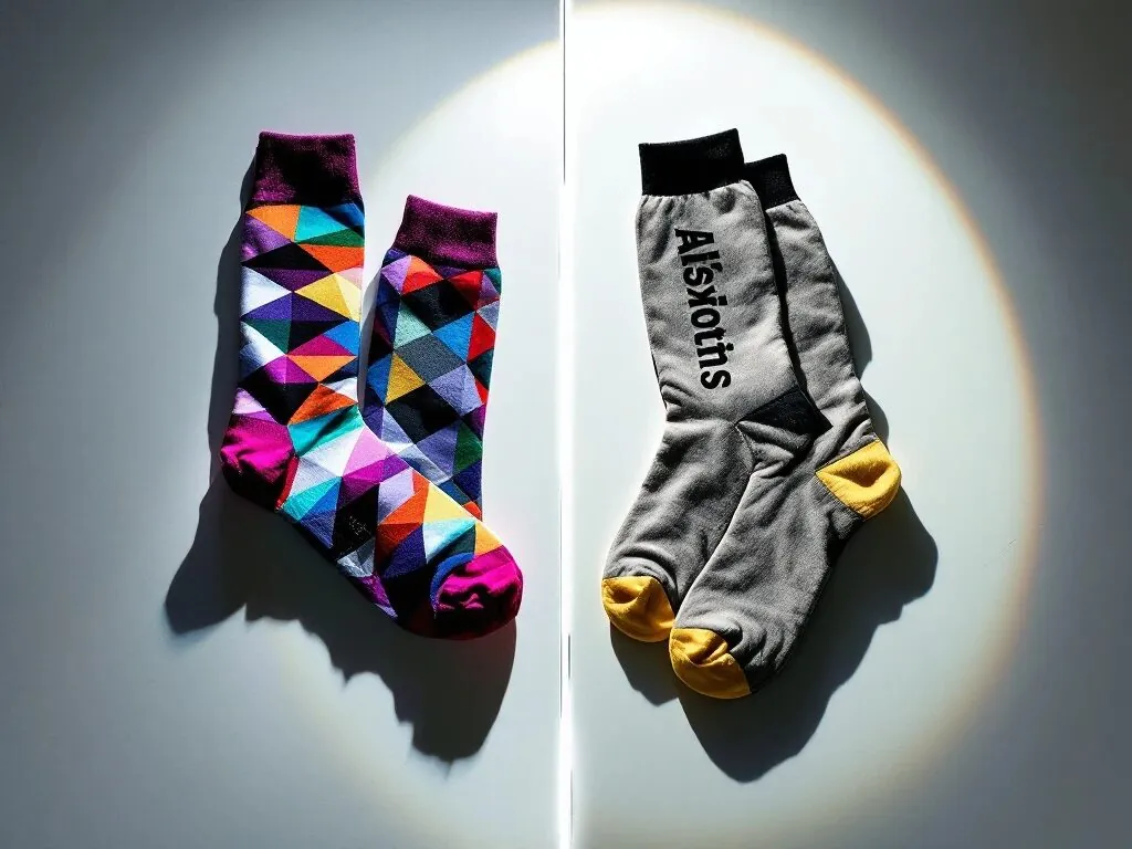 Twee soorten sokken op witte achtergrond: kleurrijke bedrukte sokken links, elegante gepersonaliseerde sokken rechts