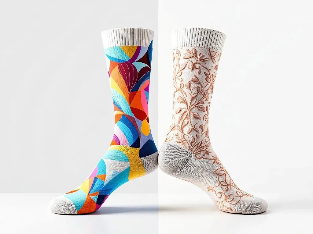 Twee premium sokken op witte achtergrond: links met kleurrijke prints, rechts met geborduurd reliëf in studioverlichting