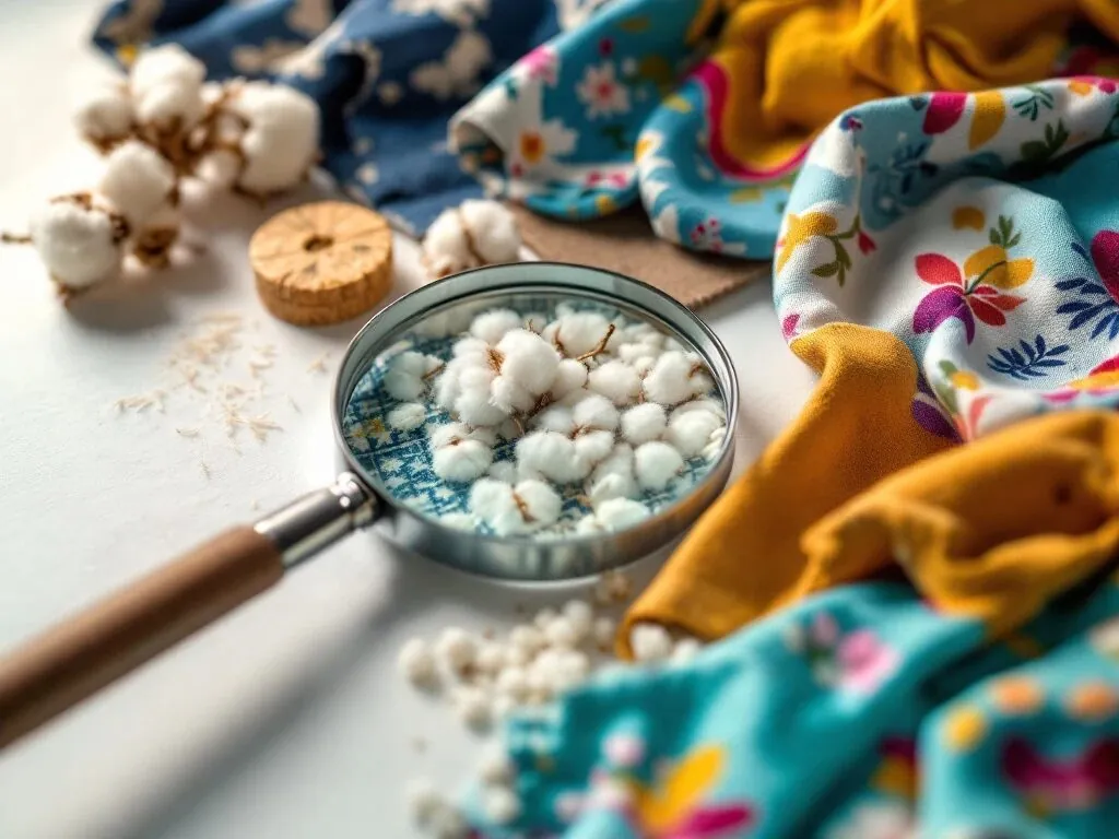 Close-up van verschillende sokmaterialen: katoen, wol, polyester en bamboe vezels met kleurrijke patronen op witte achtergrond