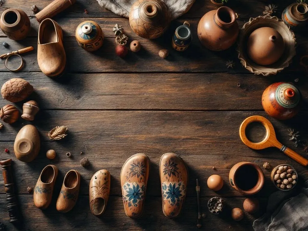 Authentieke handgemaakte souvenirs versus namaak op houten tafel met vergrootglas en certificeringsmarkeringen