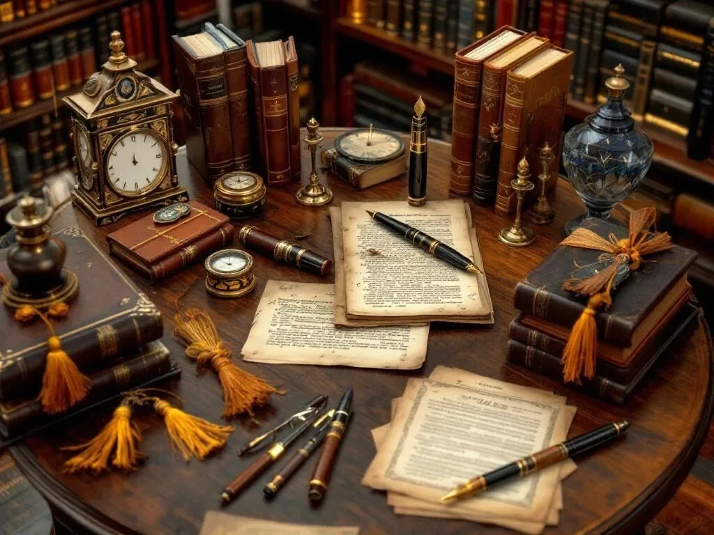 Luchtfoto van houten boekenwinkel displaytafel met vintage bladwijzers, miniatuurboeken en antieke pennen op mahonie hout