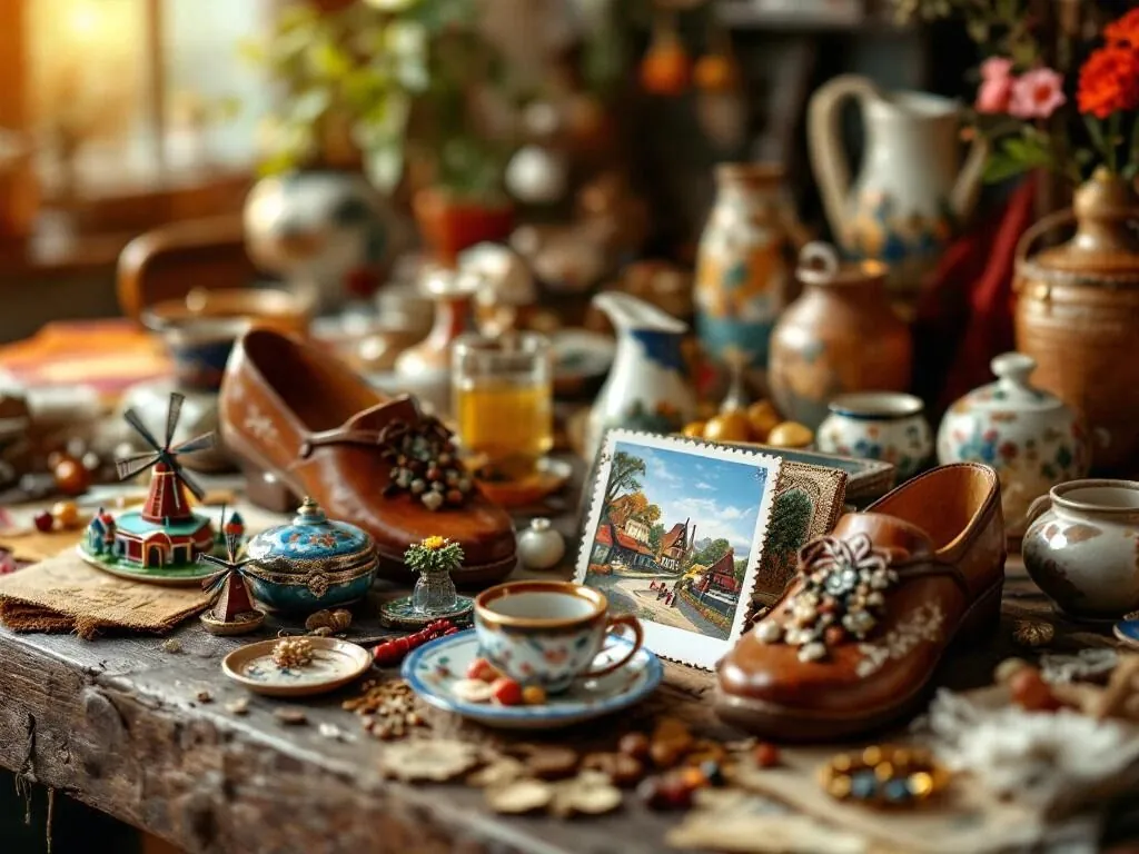 Collectie authentieke culturele souvenirs met Nederlandse klompen, keramische molens en handwerk op rustiek hout