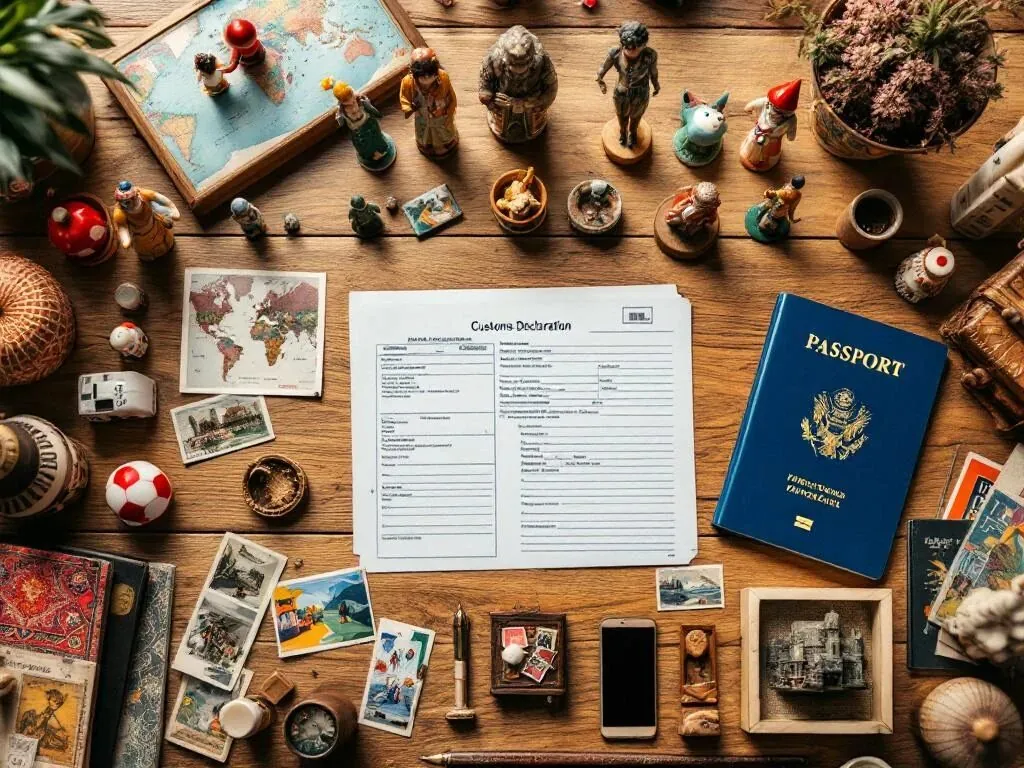 Douaneformulier en paspoort op houten bureau met internationale souvenirs en reismemento's van bovenaf gefotografeerd