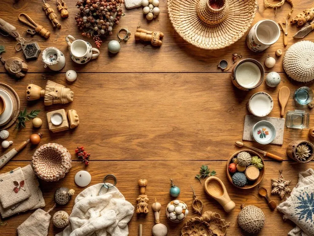 Handgemaakte souvenirs in cirkelvorm op houten ondergrond: houten beeldjes, keramische tegels, textiel sleutelhangers