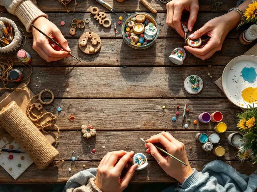 Handen maken handgemaakte souvenirs op houten tafel met verf, penselen en decoratieve materialen in natuurlijk licht