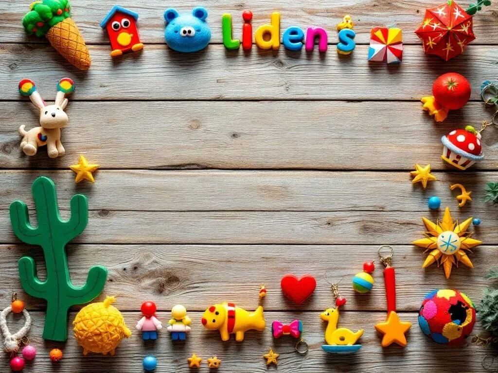 Kleurrijke kindersouvenir collectie met houten speelgoed, sleutelhangers en knuffels op rustieke houten ondergrond
