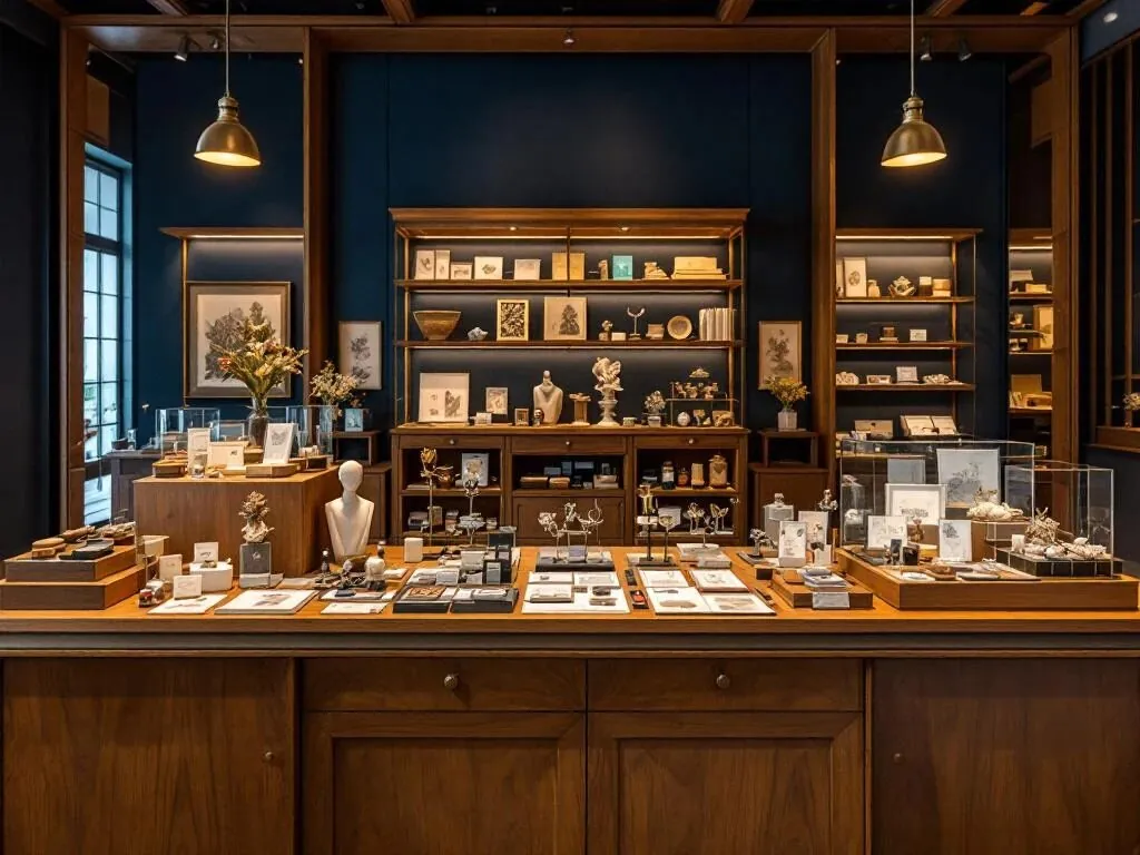 Elegante museumwinkel met houten toonbank vol souvenirs, miniaturen, ansichtkaarten en kunstzame sleutelhangers