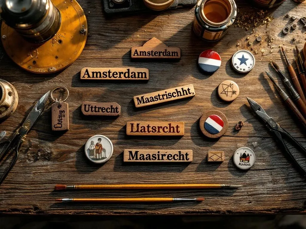 Handgemaakte Nederlandse souvenirs met plaatsnamen Amsterdam, Utrecht en Maastricht op ambachtelijke werkbank met gereedschap