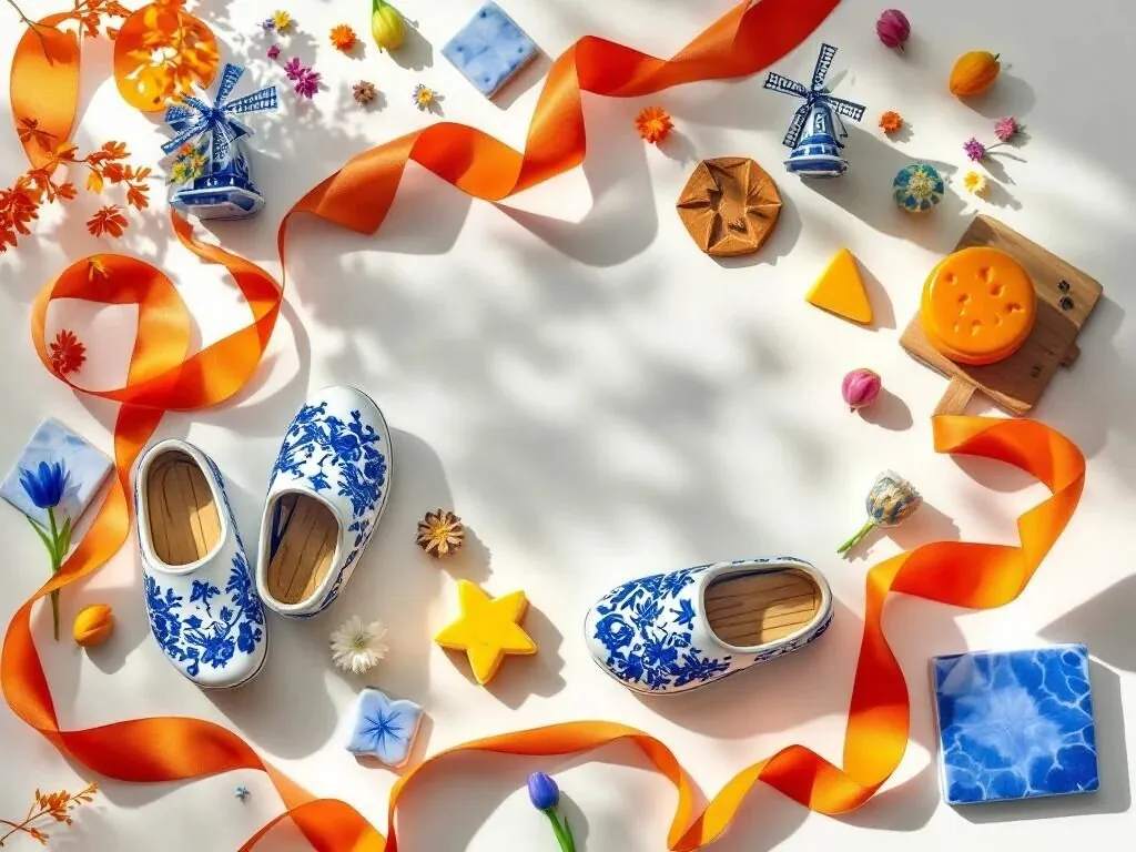 Nederlandse souvenirs plat gelegd: Delftse blauwe klompen, windmolentjes, kaas, tulpenbollen en tegels op witte achtergrond