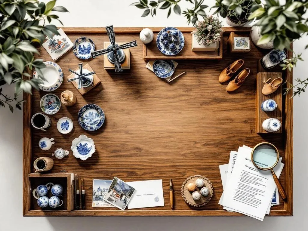 Houten tafel met Nederlandse souvenirs: miniatuur molens, klompen, Delfts blauw aardewerk en ansichtkaarten