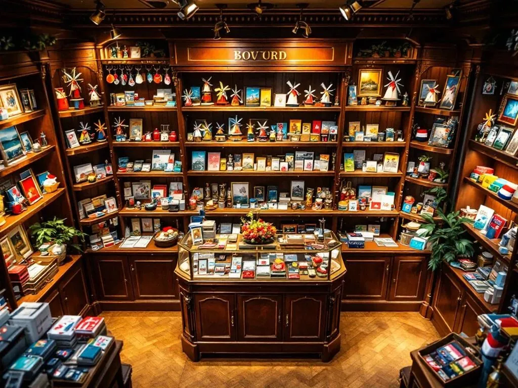 Luchtfoto van Nederlandse souvenirwinkel met houten planken vol kleurrijke cadeaus, miniatuur molens en ansichtkaarten