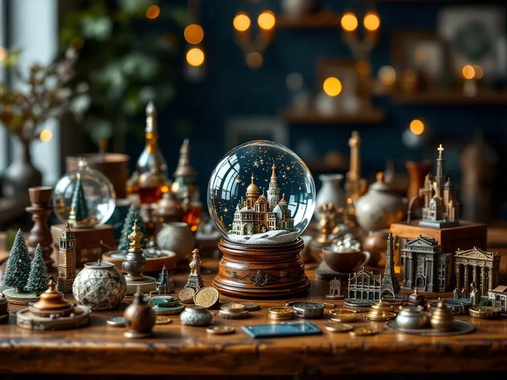 Collectie premium souvenirs inclusief sneeuwbollen, keramische figuren en houten keepsakes op elegante houten ondergrond