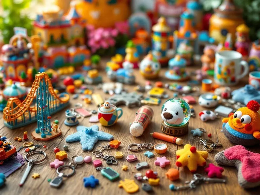 Kleurrijke pretpark souvenirs inclusief achtbaan modellen, knuffels en sleutelhangers op houten tafel