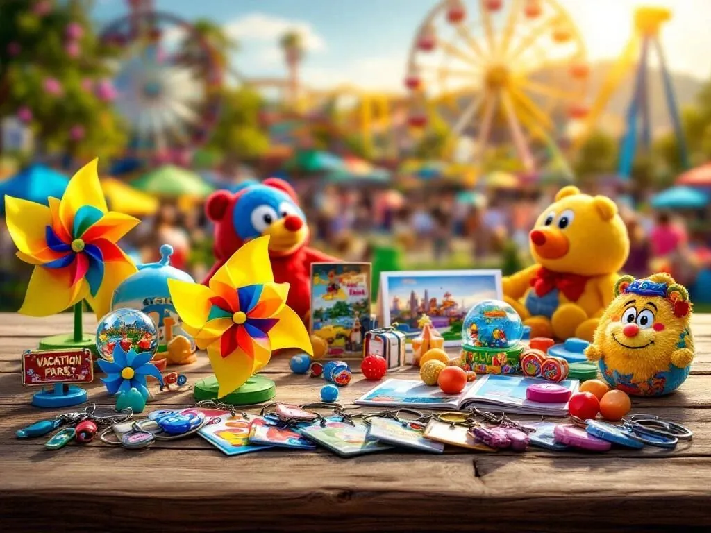 Kleurrijke pretpark souvenirs op houten tafel met attracties op achtergrond - knuffels, sleutelhangers en sneeuwbollen