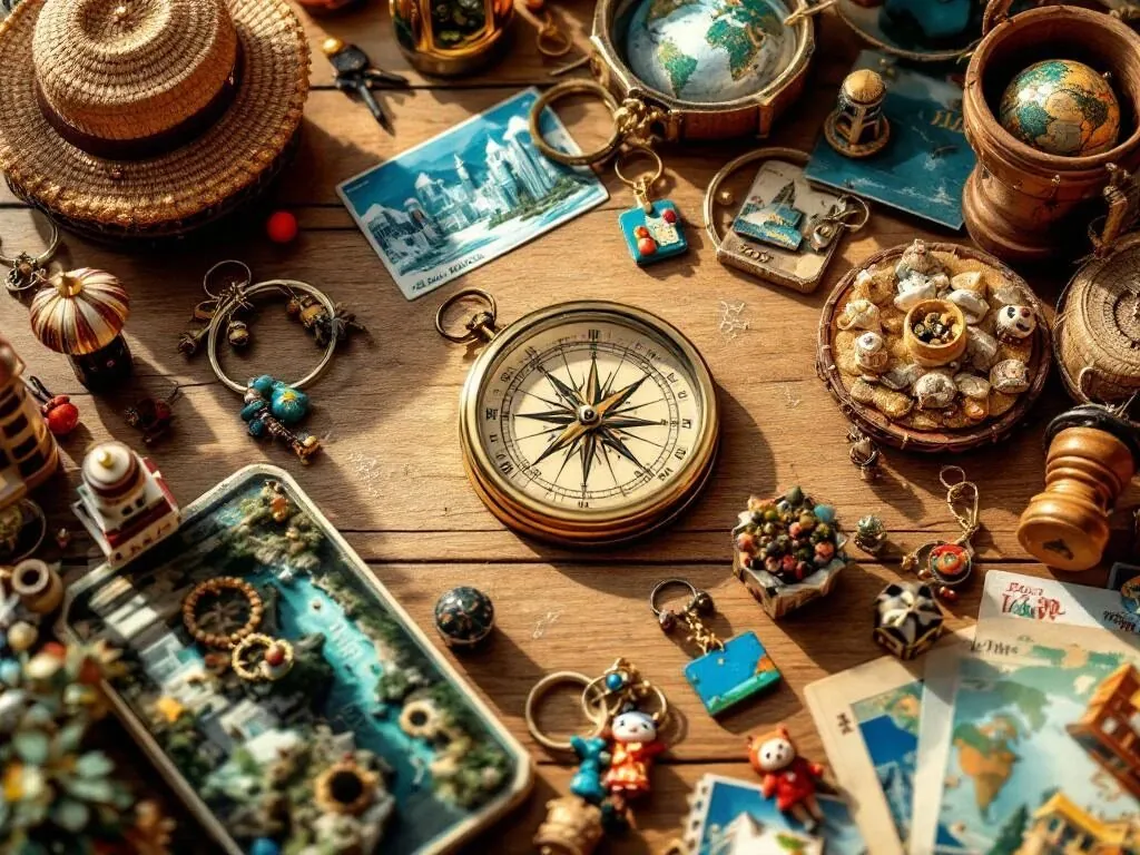 Verzameling diverse reissouvenirs met kompas, landmarken, sleutelhangers en ansichtkaarten op houten tafel